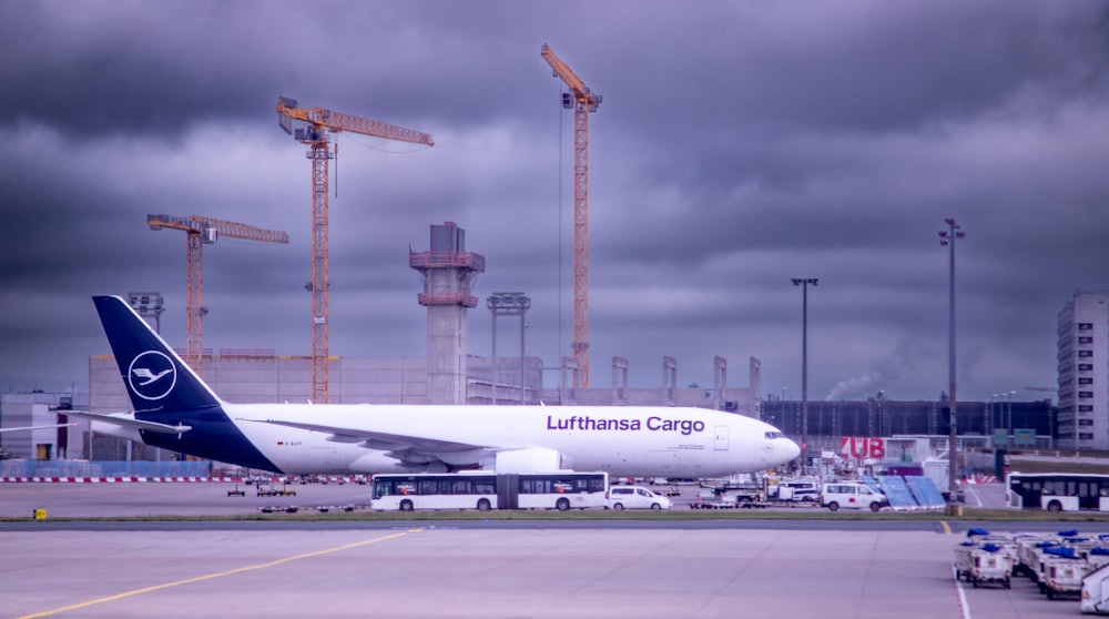 Cargo aircraft parked on the airport tarmac